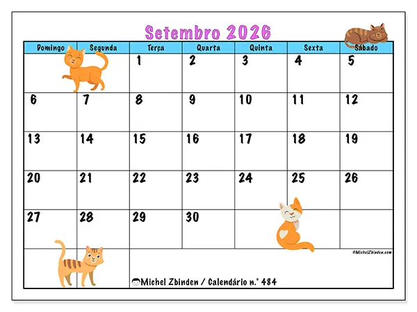 Calendário de setembro de 2026 para imprimir - Amor pelos gatos - Semana: de domingo a sábado