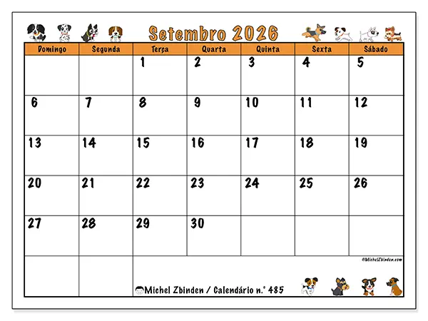 Calendário de setembro de 2026 para imprimir - Cães entusiasmados - Semana: de domingo a sábado