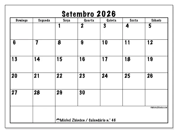 Calendário de setembro de 2026 para imprimir - Eficiência diária - Semana: de domingo a sábado
