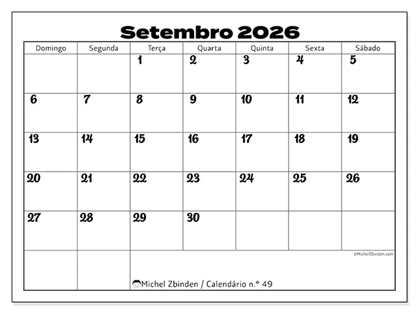 Calendário de setembro de 2026 para imprimir - Coordenação produtiva - Semana: de domingo a sábado