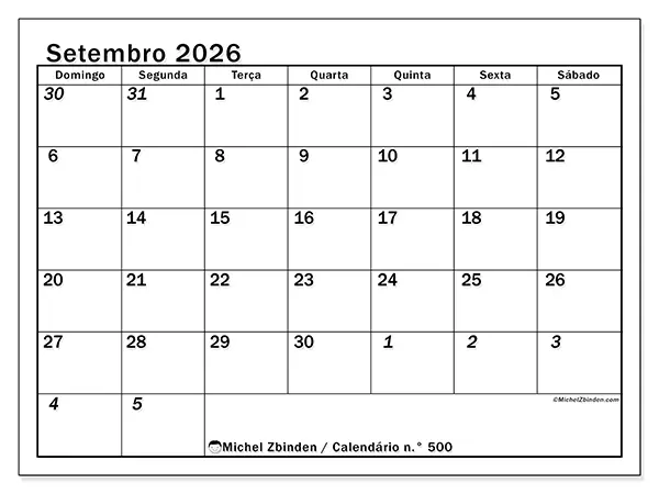 Calendário de setembro de 2026 para imprimir - Planeamento intensivo - Semana: de domingo a sábado
