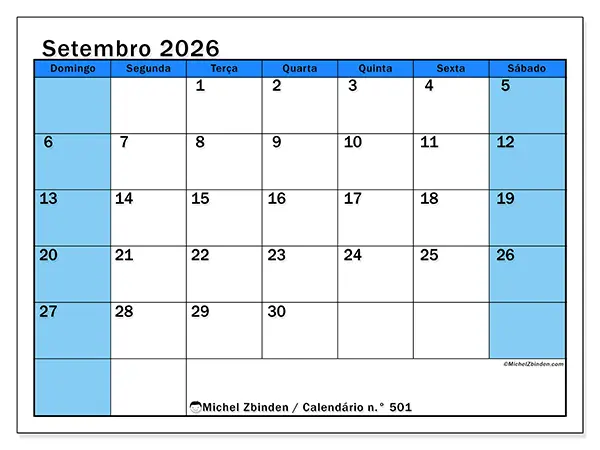 Calendário de setembro de 2026 para imprimir - Estudos dinâmicos - Semana: de domingo a sábado
