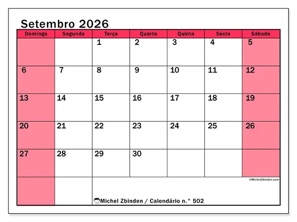 Calendário de setembro de 2026 para imprimir - Gestão luminosa - Semana: de domingo a sábado
