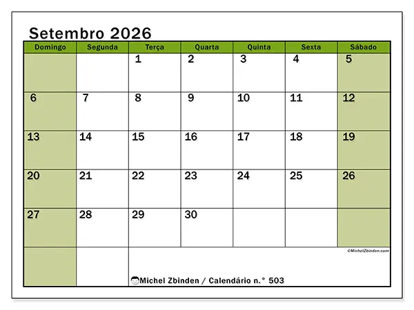 Calendário de setembro de 2026 para imprimir - Organização viva - Semana: de domingo a sábado
