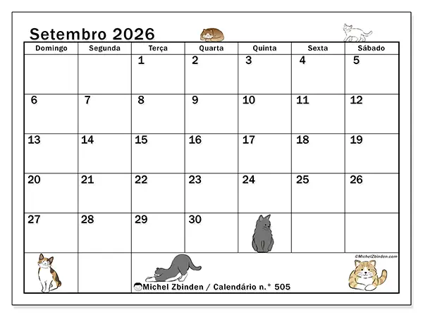 Calendário de setembro de 2026 para imprimir - Vida de gato - Semana: de domingo a sábado