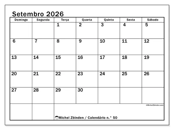Calendário de setembro de 2026 para imprimir - Planeamento ideal - Semana: de domingo a sábado