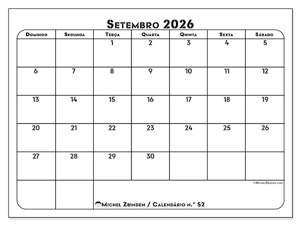 Calendário de setembro de 2026 para imprimir - Organização profissional - Semana: de domingo a sábado