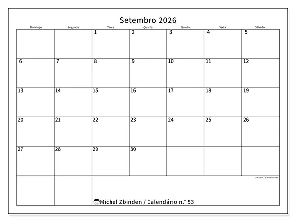 Calendário de setembro de 2026 para imprimir - Horário eficiente - Semana: de domingo a sábado