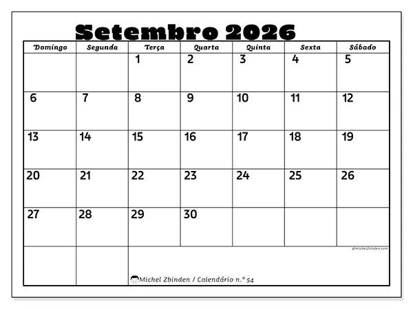 Calendário de setembro de 2026 para imprimir - Atividades em família - Semana: de domingo a sábado