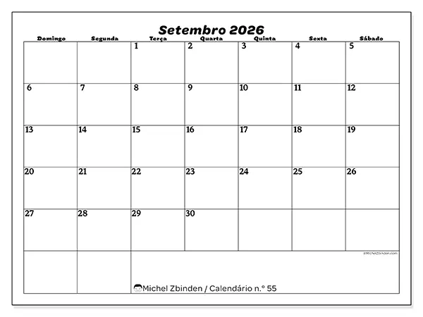 Calendário de setembro de 2026 para imprimir - Organização do lazer - Semana: de domingo a sábado