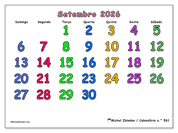 Calendário de setembro de 2026 para imprimir - Momentos criativos - Semana: de domingo a sábado