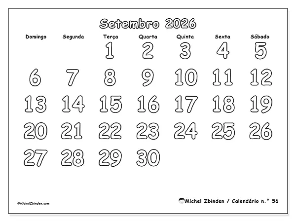 Calendário de setembro de 2026 para imprimir - Colorir útil - Semana: de domingo a sábado