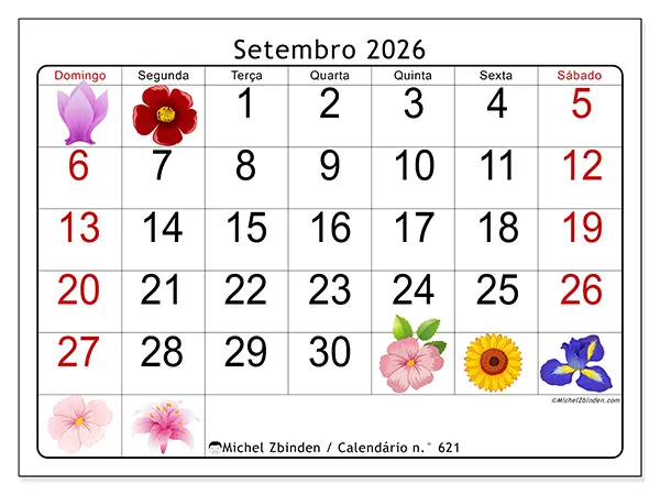 Calendário de setembro de 2026 para imprimir - Flores grandes - Semana: de domingo a sábado