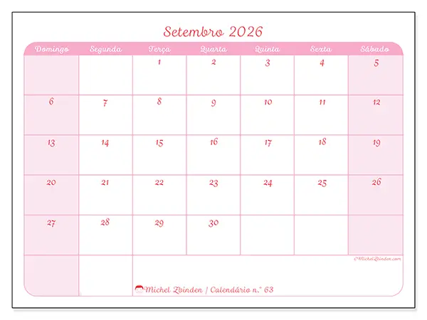Calendário de setembro de 2026 para imprimir - Organização suave - Semana: de domingo a sábado
