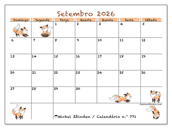 Calendário de setembro de 2026 para imprimir - Desenhos de raposas - Semana: de domingo a sábado