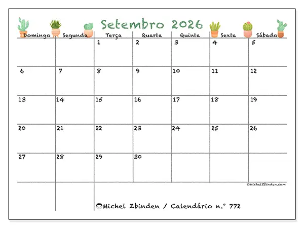 Calendário de setembro de 2026 para imprimir - Cactos decorativos - Semana: de domingo a sábado