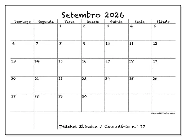 Calendário de setembro de 2026 para imprimir - Escola e família - Semana: de domingo a sábado