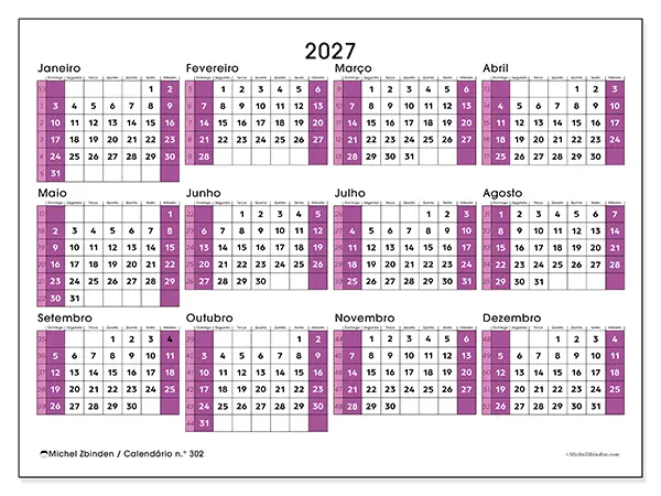 Calendário anual 2027 para imprimir - Escritório dinâmico - Semana: domingo a sábado