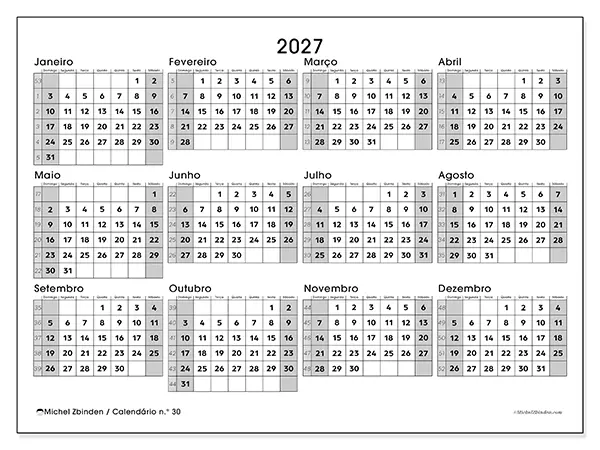 Calendário anual 2027 para imprimir - Organização completa - Semana: domingo a sábado