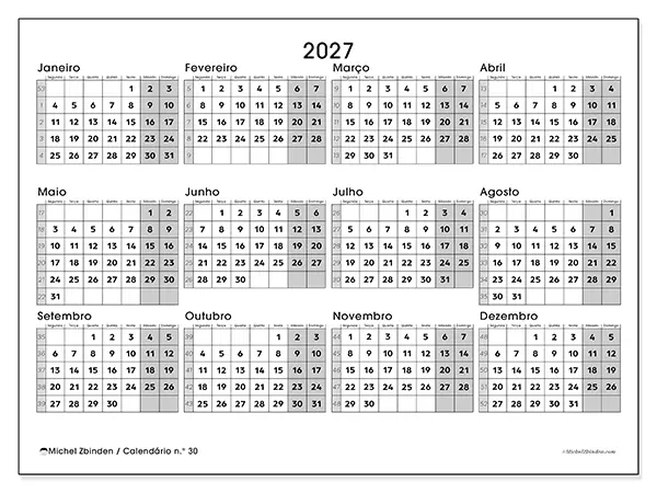 Calendário anual 2027 para imprimir - Organização completa
