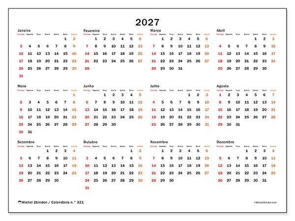 Calendário anual 2027 para imprimir - Fim de semana em destaque - Semana: domingo a sábado