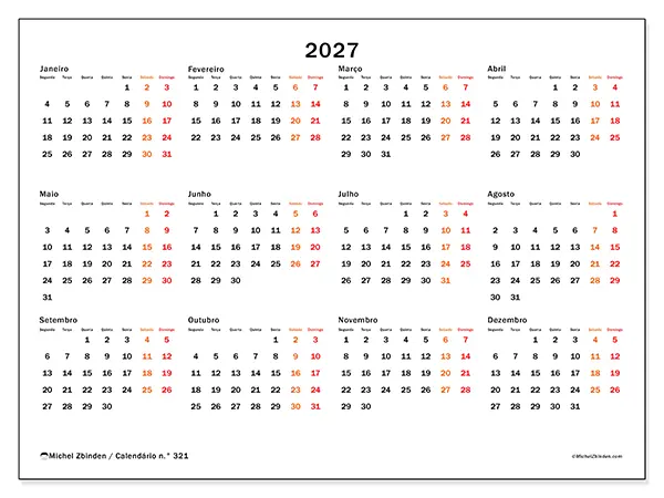 Calendário anual 2027 para imprimir - Fim de semana em destaque