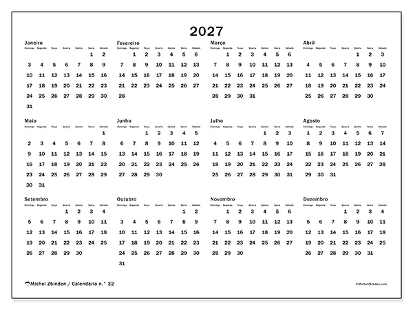 Calendário anual 2027 para imprimir - Organização global - Semana: domingo a sábado