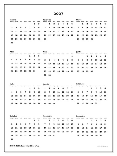 Calendário anual 2027 para imprimir - Visão geral - Semana: domingo a sábado