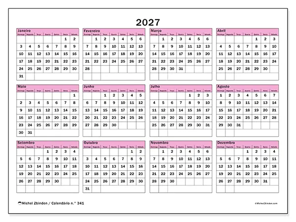 Calendário anual 2027 para imprimir - Planeamento e previsão - Semana: domingo a sábado