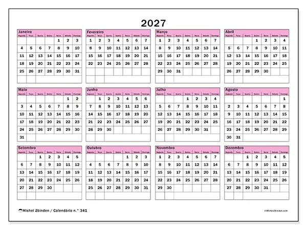 Calendário anual 2027 para imprimir - Planeamento e previsão