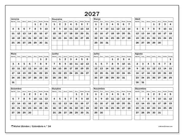 Calendário anual 2027 para imprimir - Férias e lazer