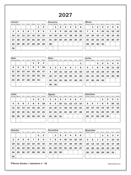 Calendário anual 2027 para imprimir - Festas em família - Semana: domingo a sábado