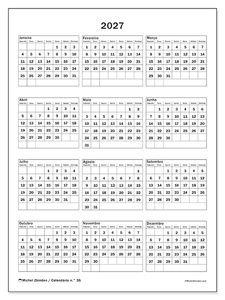 Calendário anual 2027 para imprimir - Festas em família