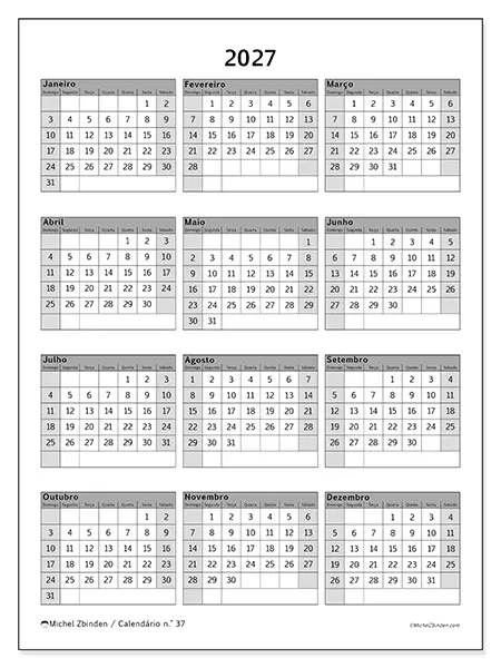 Calendário anual 2027 para imprimir - Sóbrio e profissional - Semana: domingo a sábado