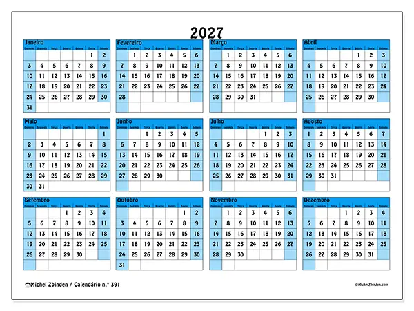 Calendário anual 2027 para imprimir - Organização em cores - Semana: domingo a sábado