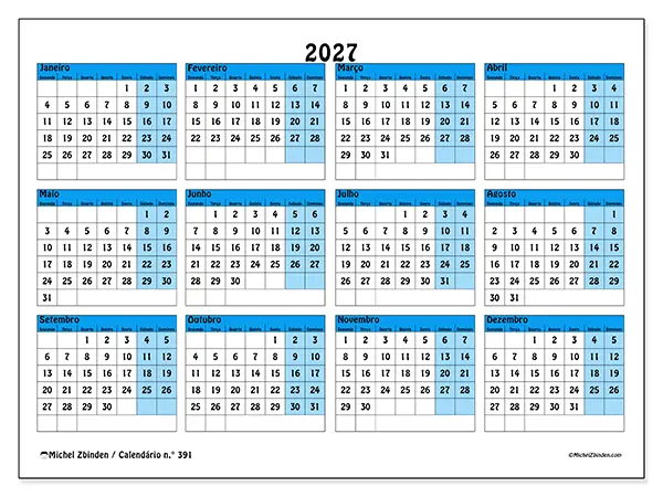 Calendário anual 2027 para imprimir - Organização em cores