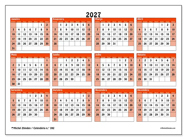 Calendário anual 2027 para imprimir - Planeamento colorido - Semana: domingo a sábado
