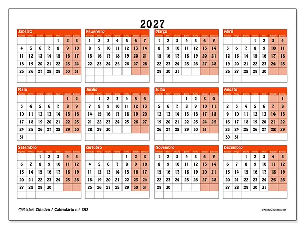 Calendário anual 2027 para imprimir - Planeamento colorido