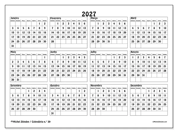 Calendário anual 2027 para imprimir - Escola e estudos - Semana: domingo a sábado