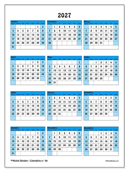 Calendário anual 2027 para imprimir - Organização colorida - Semana: domingo a sábado
