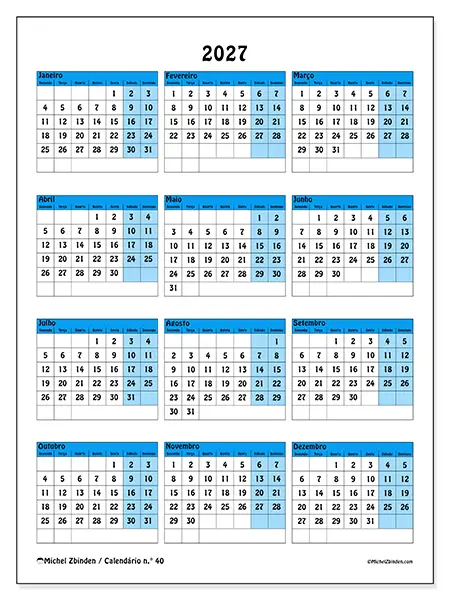 Calendário anual 2027 para imprimir - Organização colorida