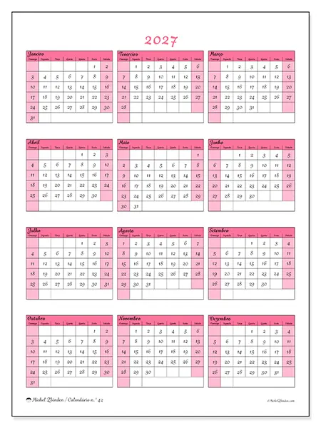 Calendário anual 2027 para imprimir - Doçura e charme - Semana: domingo a sábado