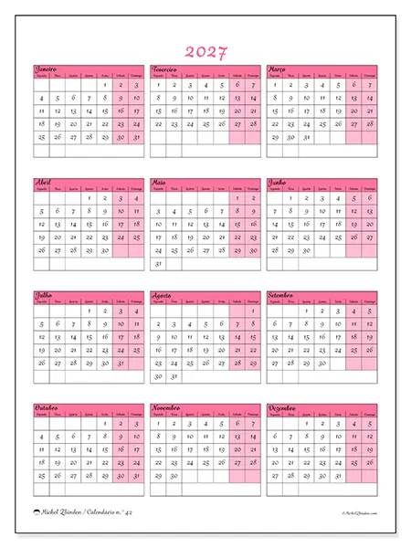 Calendário anual 2027 para imprimir - Doçura e charme