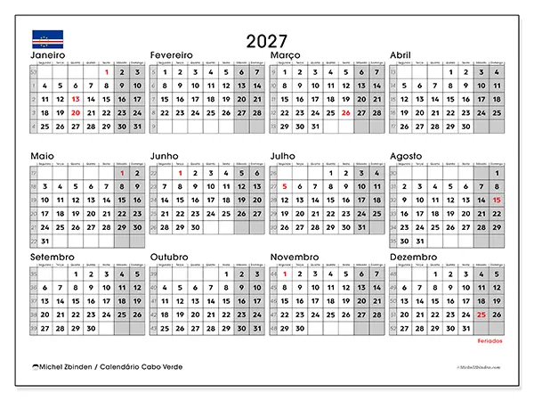 Calendário anual 2027 para imprimir - Cabo Verde