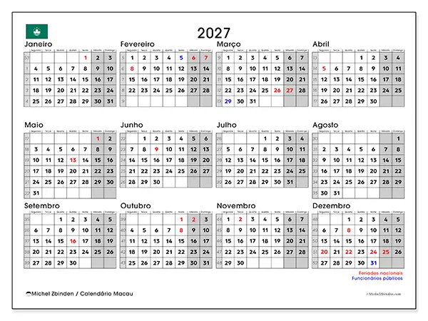 Calendário anual 2027 para imprimir - Macau