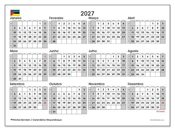 Calendário anual 2027 para imprimir - Moçambique