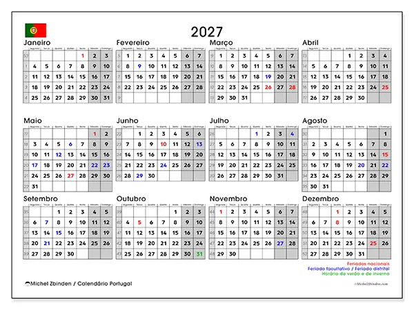 Calendário anual 2027 para imprimir - Portugal