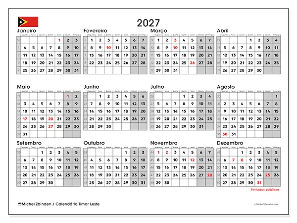 Calendário anual 2027 para imprimir - Timor Leste