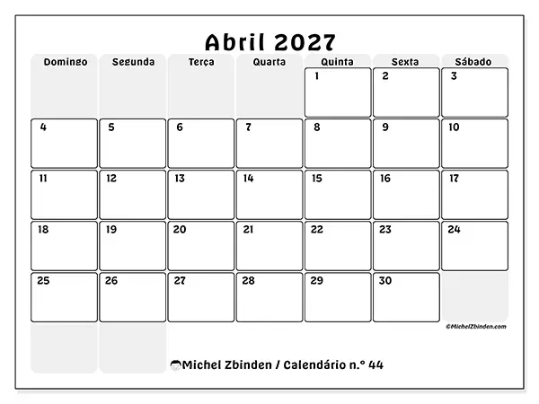 Calendário de abril de 2027 para imprimir - Planeamento estruturado - Semana: de domingo a sábado