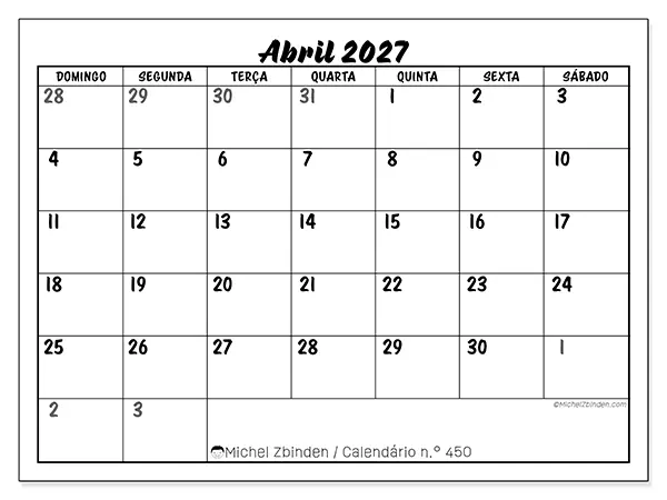 Calendário de abril de 2027 para imprimir - Organização detalhada - Semana: de domingo a sábado